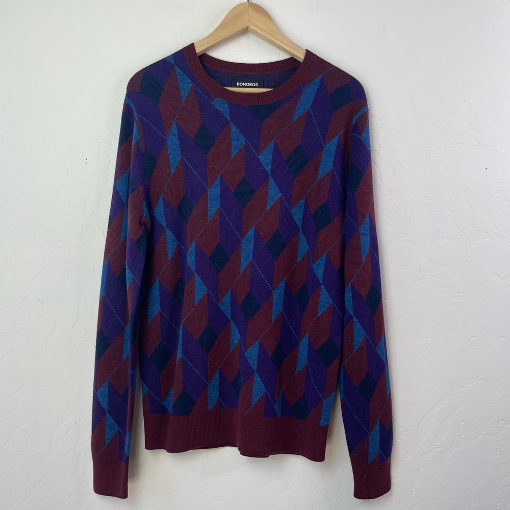 Bonobos Men’s Geometric Patterned Extra Fine Merino Wool Crewneck Sweater Small - Picture 2 of 15